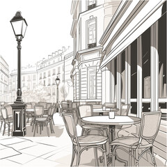 French Street Café Doodle Sketch with Tables and Chairs – No People Scene