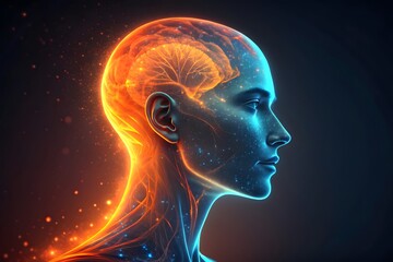 Glowing Digital Human Head Profile in Orange and Blue Light Effect