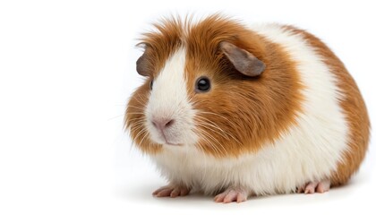 Cute guinea pig, isolated on white background. This small rodent is brown and white with sleek fur. Its portrait shows tiny paws and whiskers. Perfect for pet themes, animal lovers, and children.