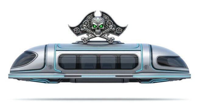 A sleek, futuristic silver hover train featuring a large, ornate pirate skull and crossbones emblem with glowing green eyes. - Powered by Adobe