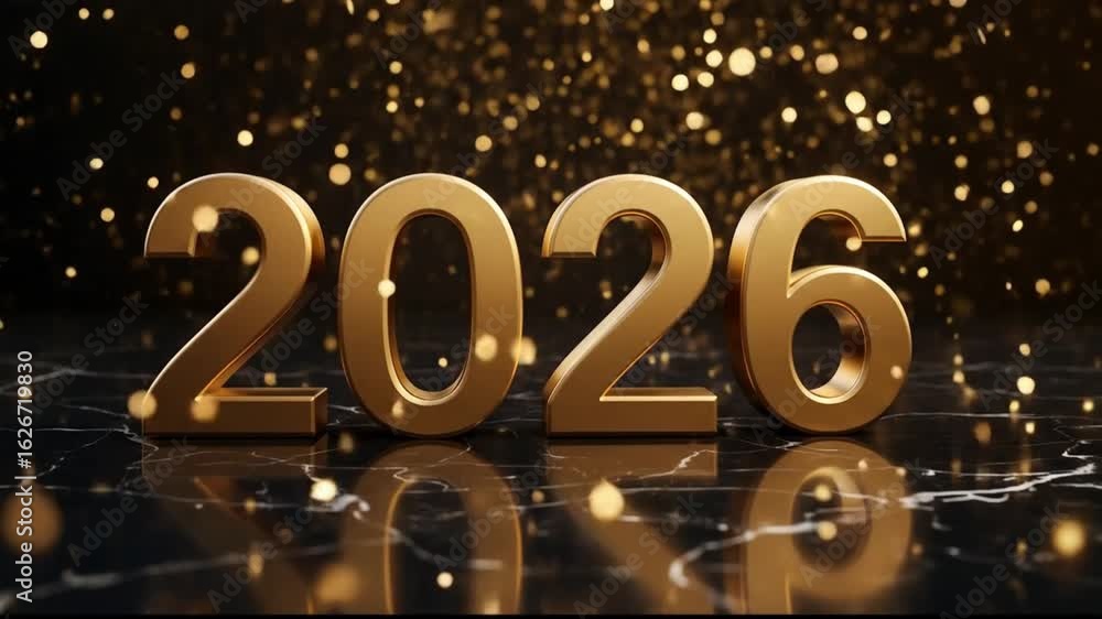 Poster golden year two thousand twenty six on a reflective surface with bokeh background celebration