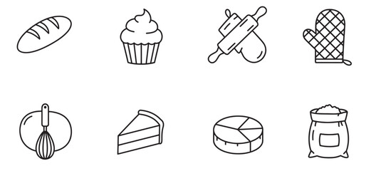 Set of baking icons representing bread, cupcake, rolling pin, and essential kitchen tools