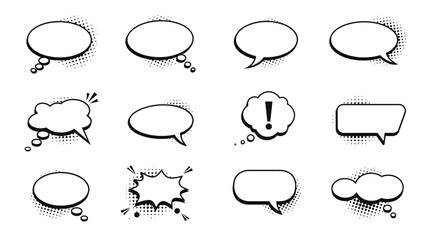 Comic Speech Bubbles with Halftone Effects Set on White Background