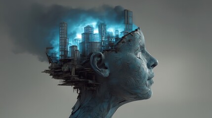 a surreal portrait of a human head with glowing architectural blueprints emerging from the skull, mind crafting cityscapes from thought, conceptual surreal art 
