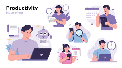 A flat design illustration set with a productivity theme in purple and blue tones.