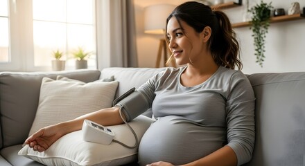 Pregnant woman monitors her health at home, checking blood pressure with a device while relaxing on a comfortable couch in a bright, modern living room