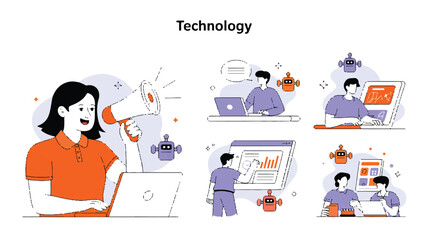 Obraz premium A flat design illustration set with a TECHNOLOGY header in black text at the top.