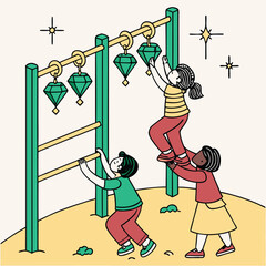 "Playful Kids Holding Giant Golden Earrings Illustration"

