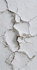 Obraz premium Cracked white plaster wall. Deep fissures and small gaps in a pale white surface