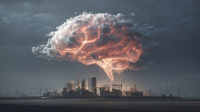 a glowing human brain projecting floating city structures, roads, and towers, dream architect creating imagined worlds, ethereal conceptual artwork 