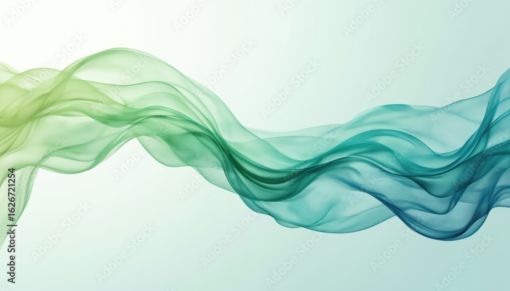 Poster abstract illustration features flowing green, blue wave formations. smooth translucent curves create