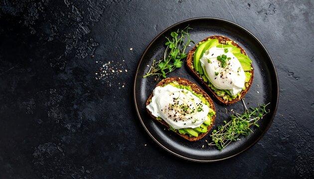 Two avocado toast slices with poached eggs on a dark plate