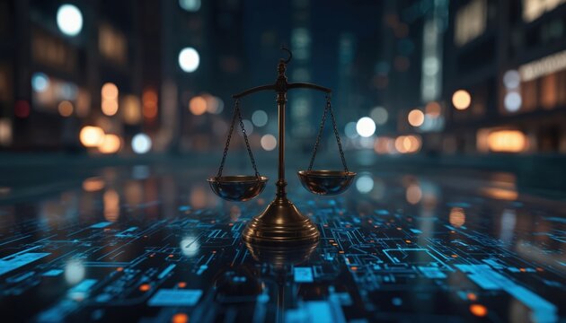 Scales of justice positioned on futuristic digital circuit board. Background features blurred cityscape at night with glowing lights. Law, order within modern technological era, representing legal