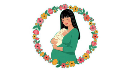Gentle mother cradles newborn baby within floral wreath isolated on a transparent background holding