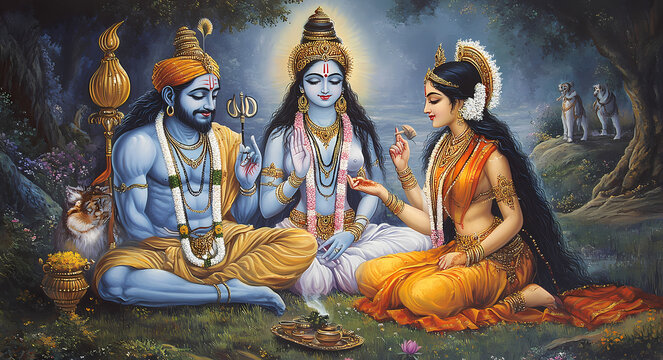 Divine Union of Lord Shiva and Goddess Parvati with Ardhanarishvara in a Sacred Forest Landscape
