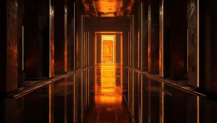 Dark,  glowing corridor,  reflective floor