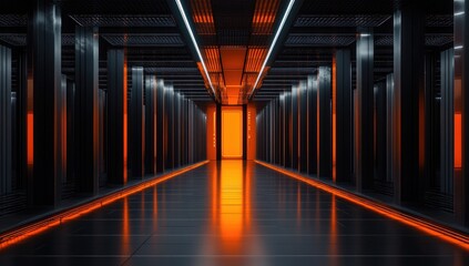Futuristic server room hallway lit by orange neon