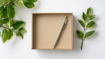 A light beige cardboard box, open, holds a silver pen.  Fresh green leaves frame the box on a white surface