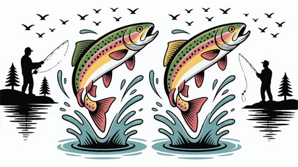 Obraz premium A stylized illustration of two identical jumping trout in a woodcut print style. 