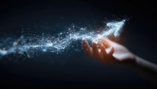 A hand gently guides a glowing, digital arrow upwards, formed by interconnected particles