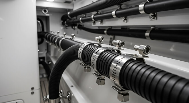 Organized Electrical Conduit System in Yacht Close-up of Black Flexible Hoses and Cables on Wall