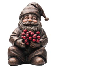 Smiling Garden Gnome Ornament Holding Bunch of Red Berries on Black Background