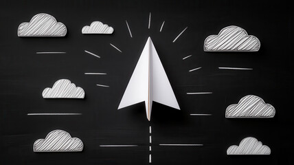 Paper airplane flying across chalkboard with drawn clouds and motion lines, symbolizing creativity and imagination in flight