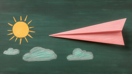 Paper airplane flying across chalkboard with sun and clouds drawn in chalk, creative concept with bright colors and playful mood