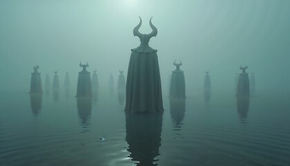 Horned figures, a creepy foggy, ancient landscape