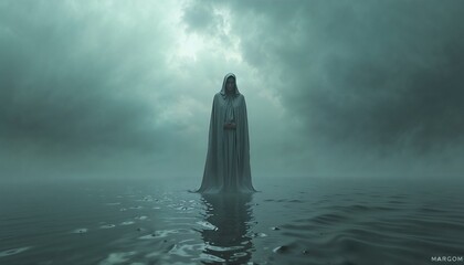 Cloaked Figure Mysterious and Spiritual Standing in Calm Water Under Brooding Dark Sky