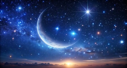 Naklejka premium Crescent moon and starry night sky with glowing celestial bodies and distant horizon silhouette isolated on transparent background