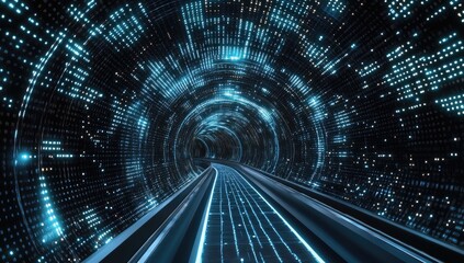 Futuristic tunnel with glowing data stream