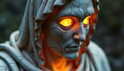 Stone statue glowing orange eyes somber expression mysterious blurred background