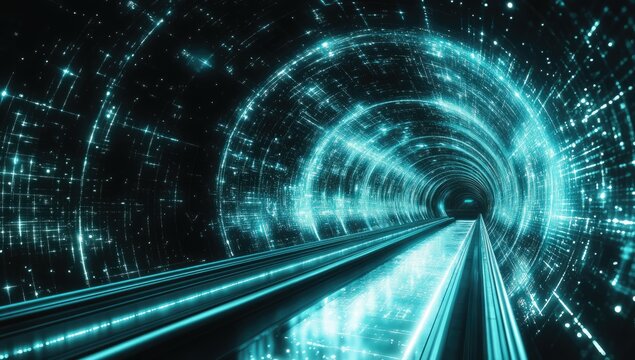 Futuristic tunnel, glowing with turquoise digital data streams