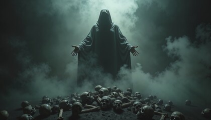 Hooded Figure Ominous and Dark with Outstretched Arms Amidst Skulls in Smoky Environment