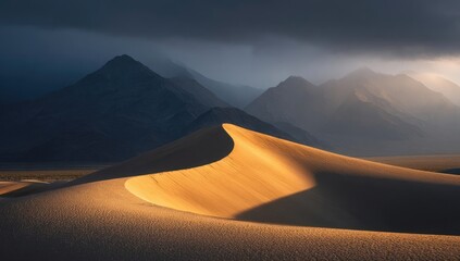 Golden sand dune bathed in dramatic sunlight, dramatic mountain backdrop