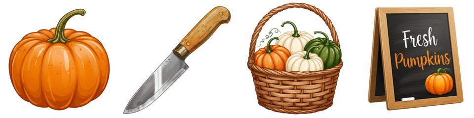 Set of isolated pumpkins, knife, basket, and chalkboard for autumn  