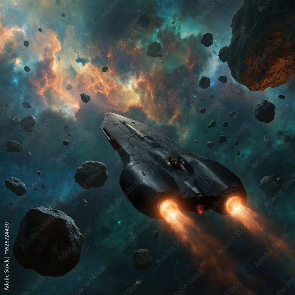 Poster futuristic spaceship navigates deep space in colorful nebulae, asteroid fields. spacecraft utilizes 