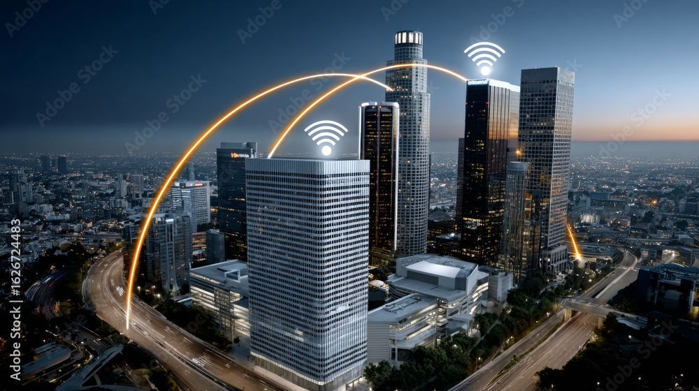 Aufkleber illuminating ai nodes in an abstract cityscape a digital exploration of artificial intelligence's ur