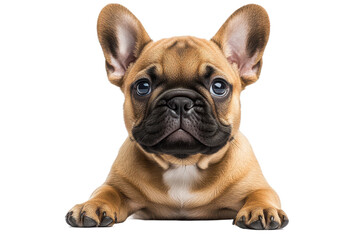 Fototapeta premium Adorable fawn French bulldog puppy portrait with a curious expression on black