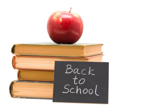 Stack of Books with Apple and Chalkboard Sign “Back to School”, Front View, Isolated PN