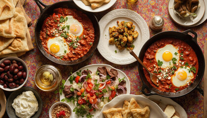 Traditional Arabic breakfast feast features shakshuka with eggs, feta, labneh, olives, fresh salad with meat, warm flatbreads. Abundant spread on colorful patterned tablecloth offers healthy,