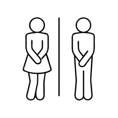 male and female restroom icon in line style. Funny toilet couple symbol, desperate pee Girls and boy wc icon, fun bathroom door signs, humor public washroom , vector illustration