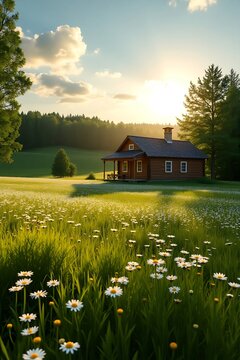 Rustic Wooden Cabin in Flower Meadow at Sunset in Forest Landscape
