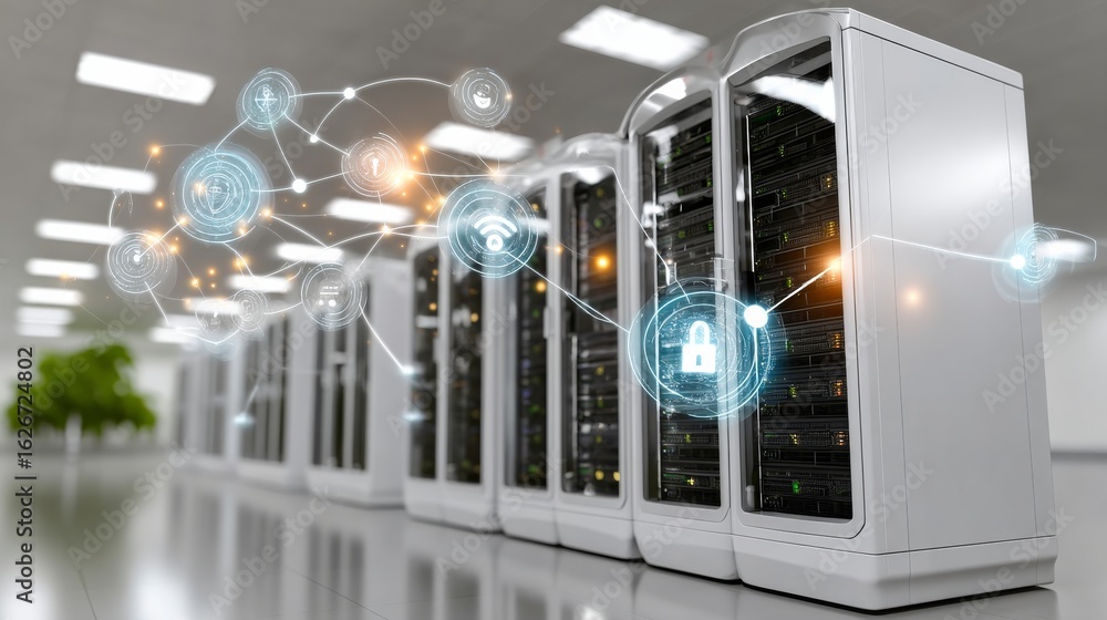 Aufkleber enhance digital security in an abstract server room futuristic environment control interface concept