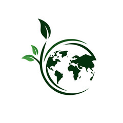 Green leafs and globe Eco icon. Unique global and natural, organic logotype design template