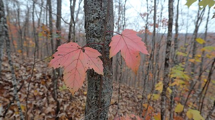 102. Close-up of colorful autumn foliage with vibrant reds, oranges, and yellows against blurred forest background