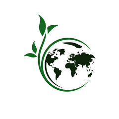 Green leafs and globe Eco icon. Unique global and natural, organic logotype design template