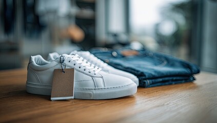 White sneakers and jeans on a wooden display table