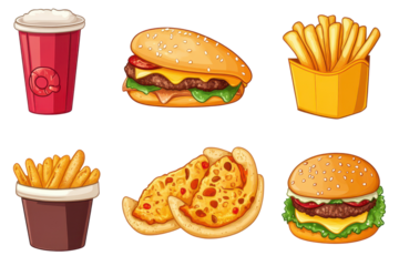 Cartoon Style Fast Food Set with Burger Fries Pizza and Soda on Black